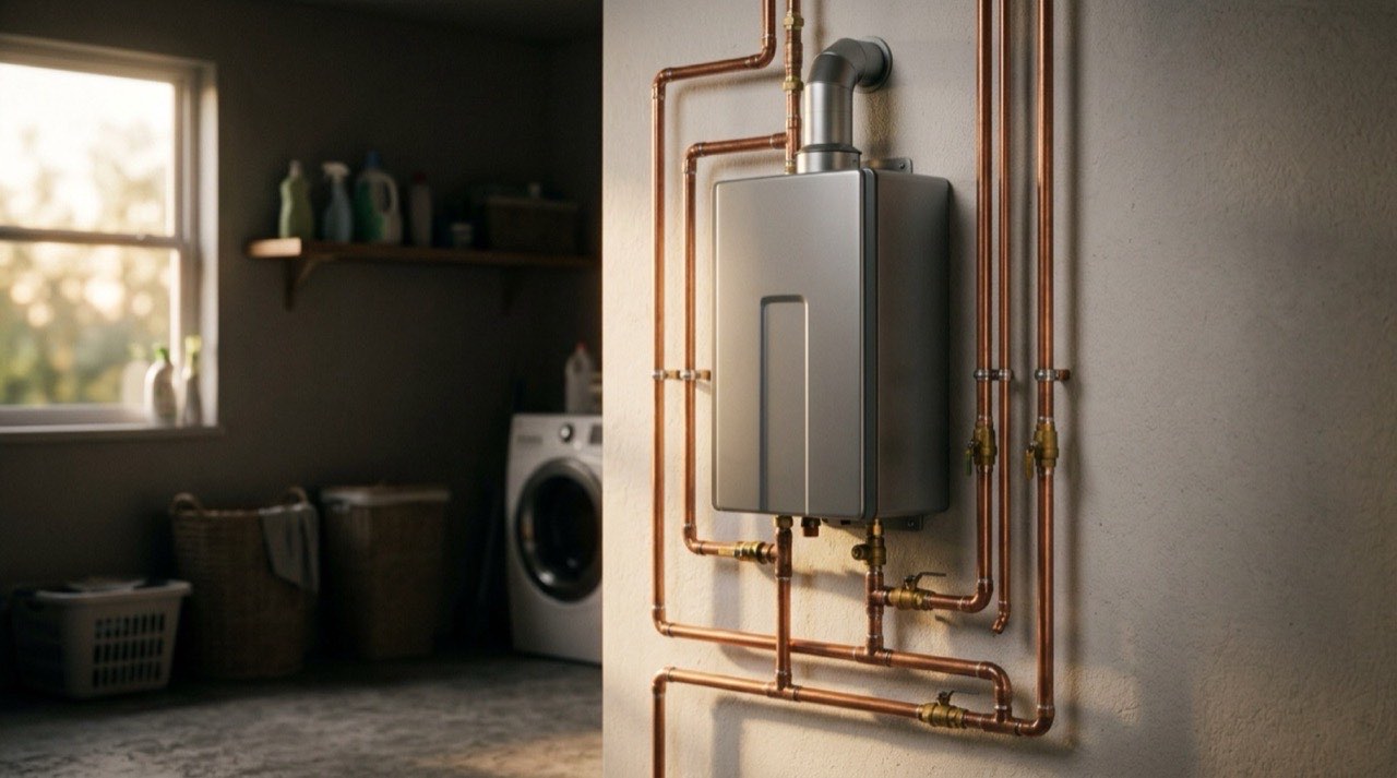 Wall-mounted water heater with connected copper pipes in a utility room