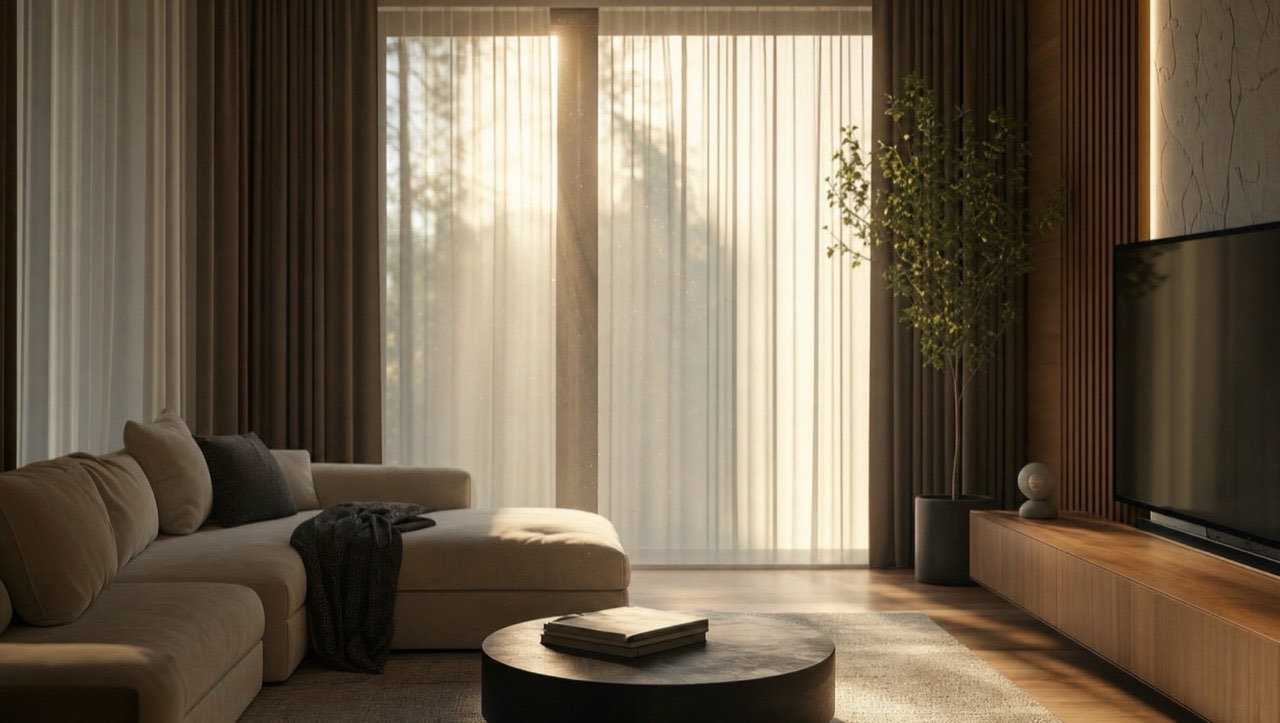 Living room with a sofa and tall windows behind light curtains