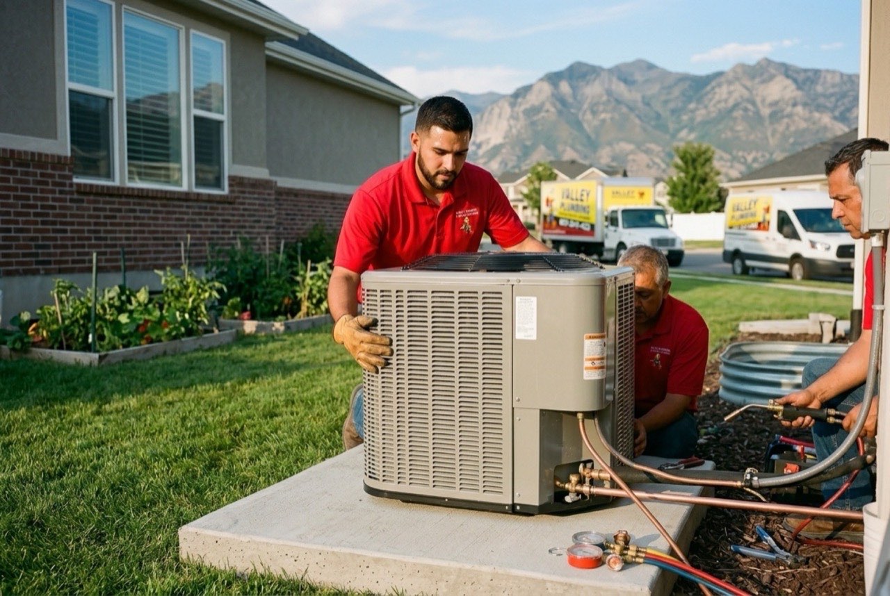 Valley Plumbing HVAC technician brazing a copper line set for a new AC installation in a Salt Lake City home