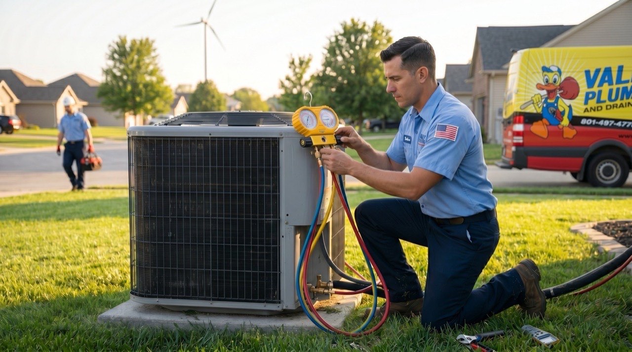 Valley Plumbing technician measuring refrigerant pressures on an AC system at a Lehi home in Traverse Mountain