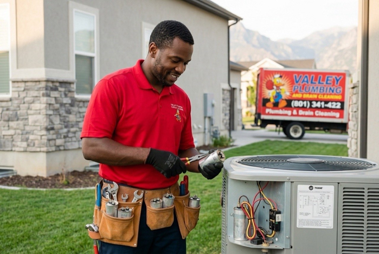 Valley Plumbing HVAC technician replacing an AC capacitor at an Orem home