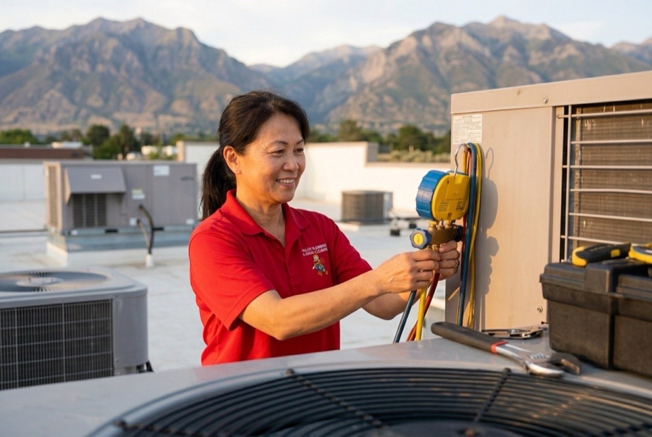 Valley Plumbing commercial HVAC technician checking a rooftop unit at an Orem commercial building