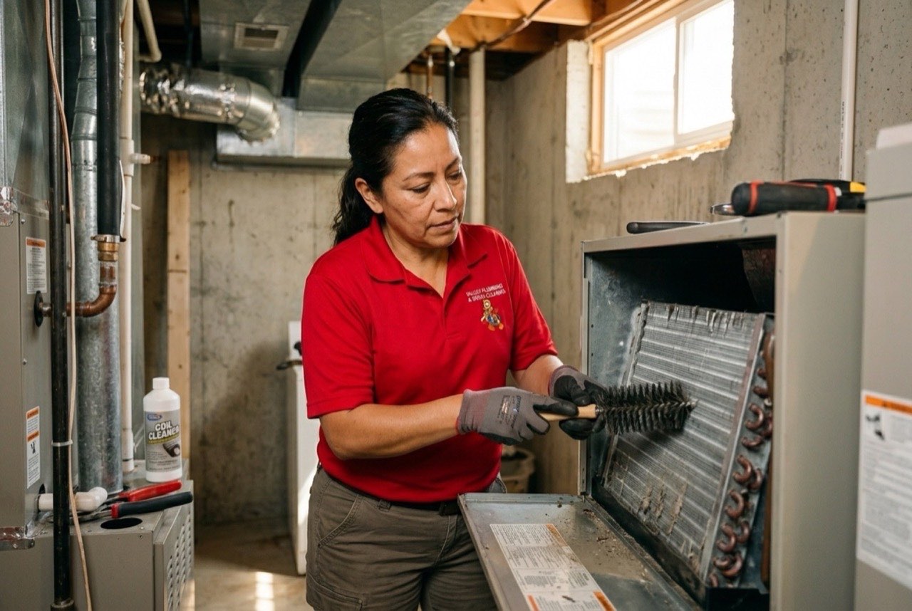 Valley Plumbing HVAC technician cleaning an evaporator coil with foam coil cleaner inside a Lehi air handler