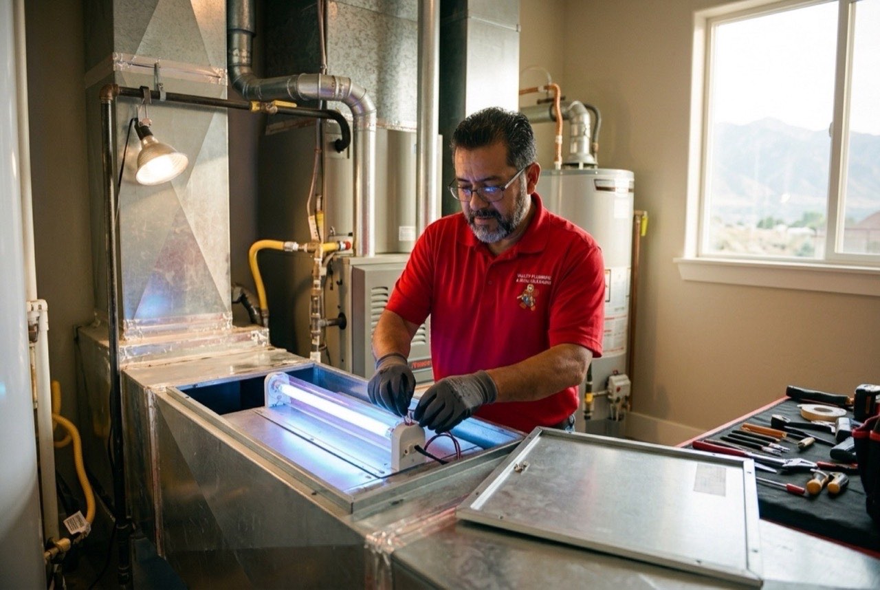 Valley Plumbing HVAC technician replacing a media air filter at a Lehi home in Holbrook Farms