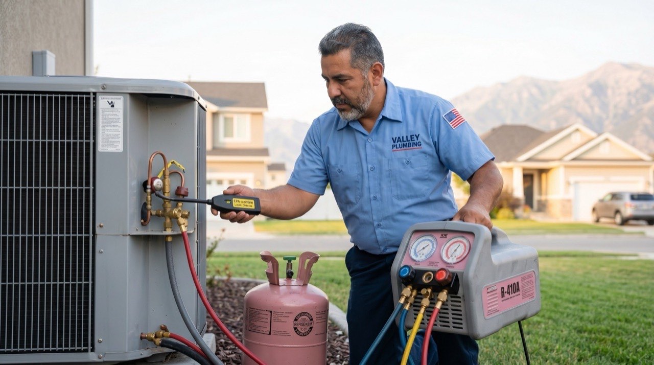 Valley Plumbing HVAC technician performing electronic refrigerant leak detection on an AC at an Orem home