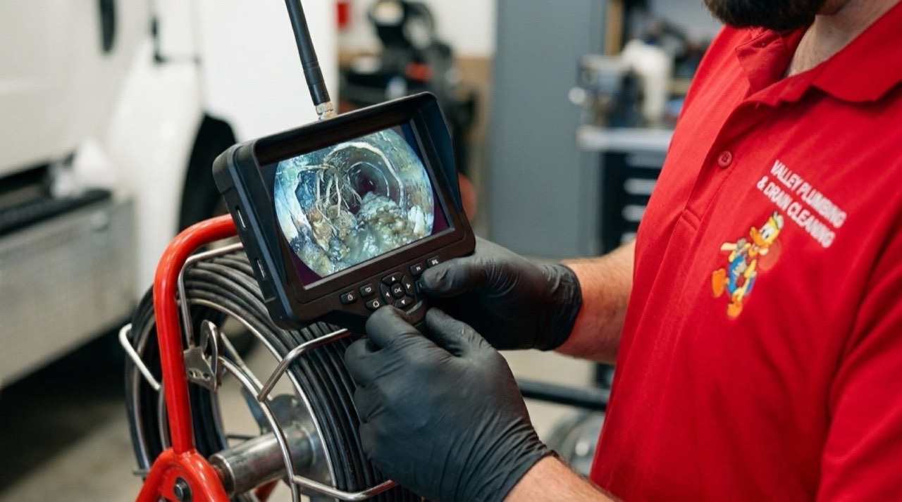 Valley Plumbing technician monitoring a sewer camera feed during an Orem home inspection