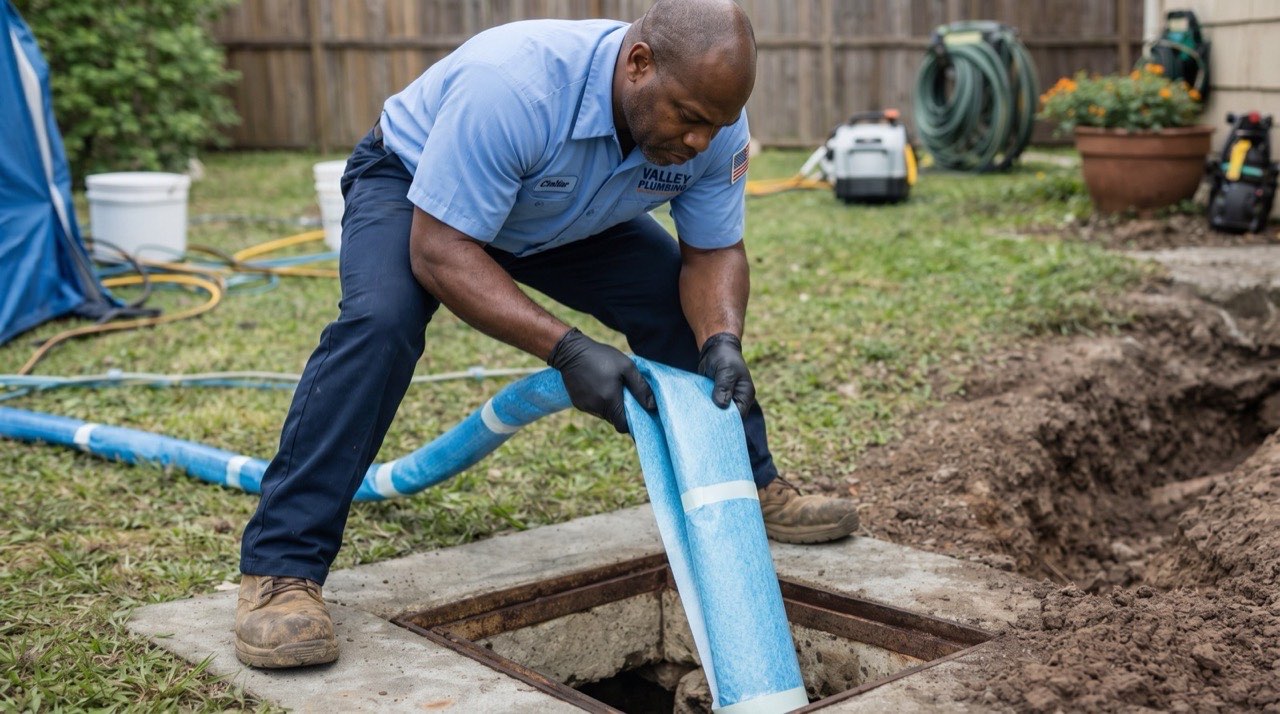 Valley Plumbing crew operating trenchless pipe bursting equipment at an Orem home