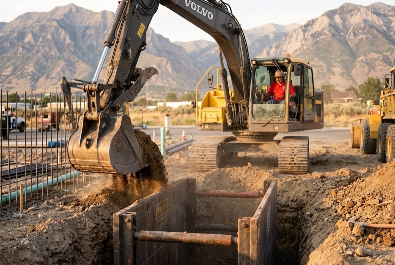Valley Plumbing commercial excavation crew saw-cutting a Bangerter Highway parking lot for a utility trench during an overnight shift