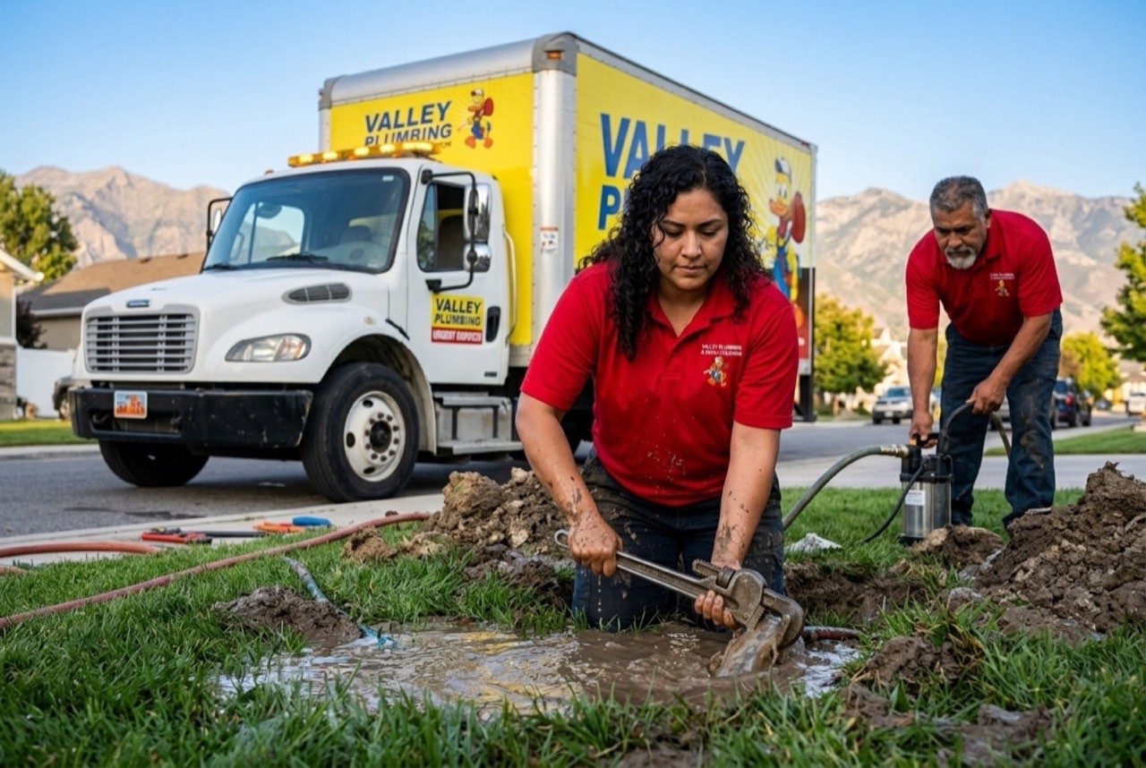 Valley Plumbing emergency excavation crew operating a mini-excavator under floodlights at a Salt Lake City water line break