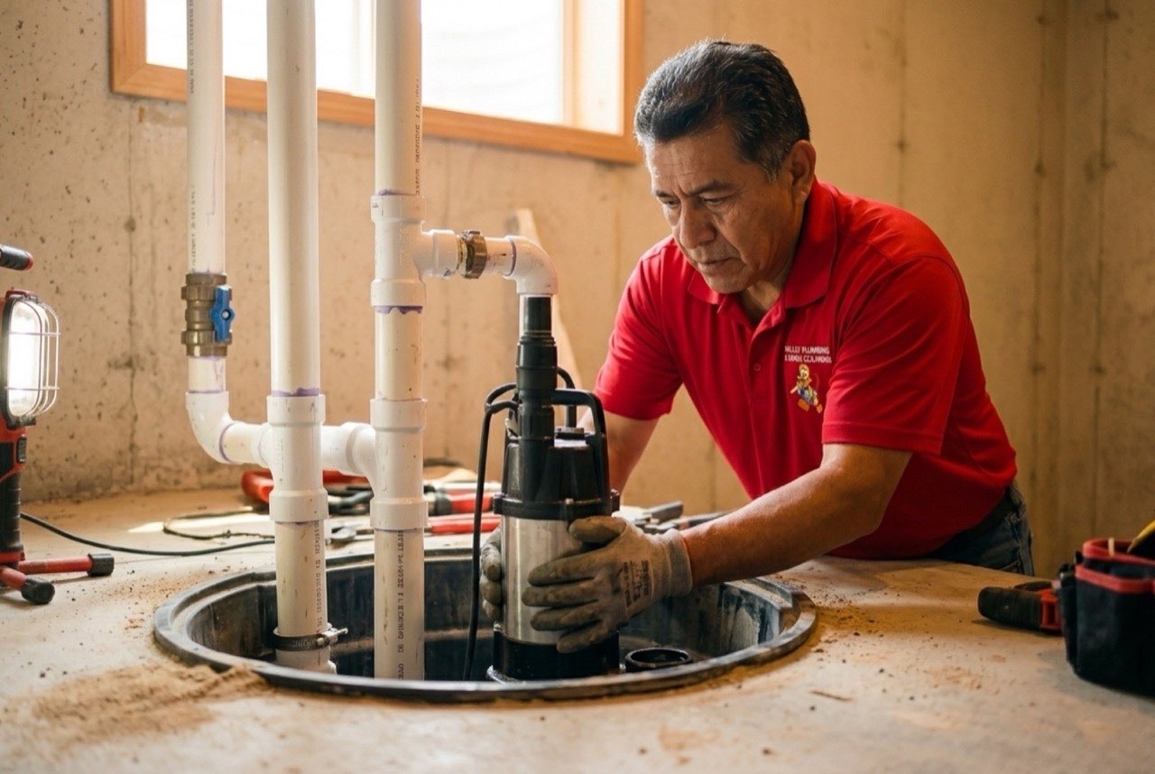 Valley Plumbing technician lowering a submersible sewage ejector pump into a polyethylene basin in a Salt Lake City basement