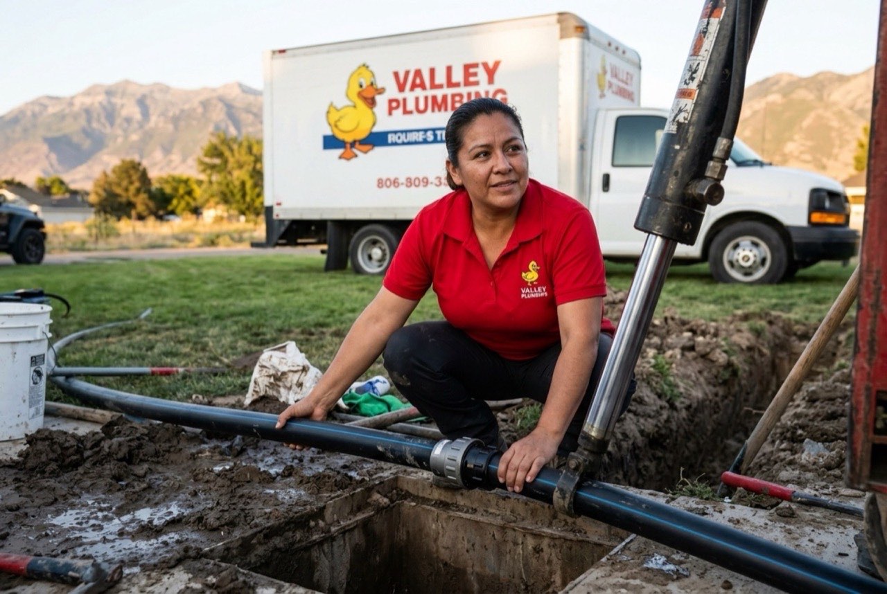 Valley Plumbing crew fusing HDPE pipe lengths in front of a Salt Lake City Avenues home before a trenchless pull