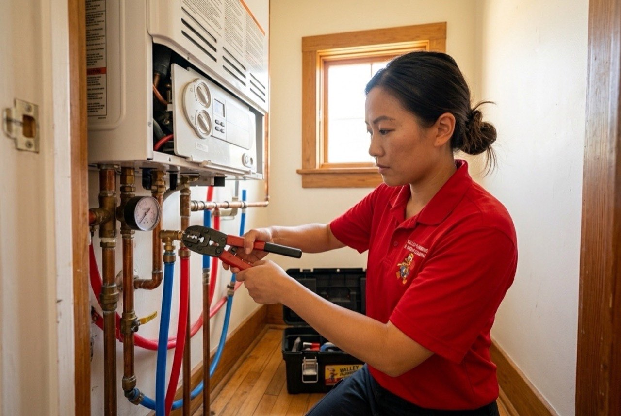 Valley Plumbing hydronic technician servicing a high-efficiency condensing boiler in an Orem home