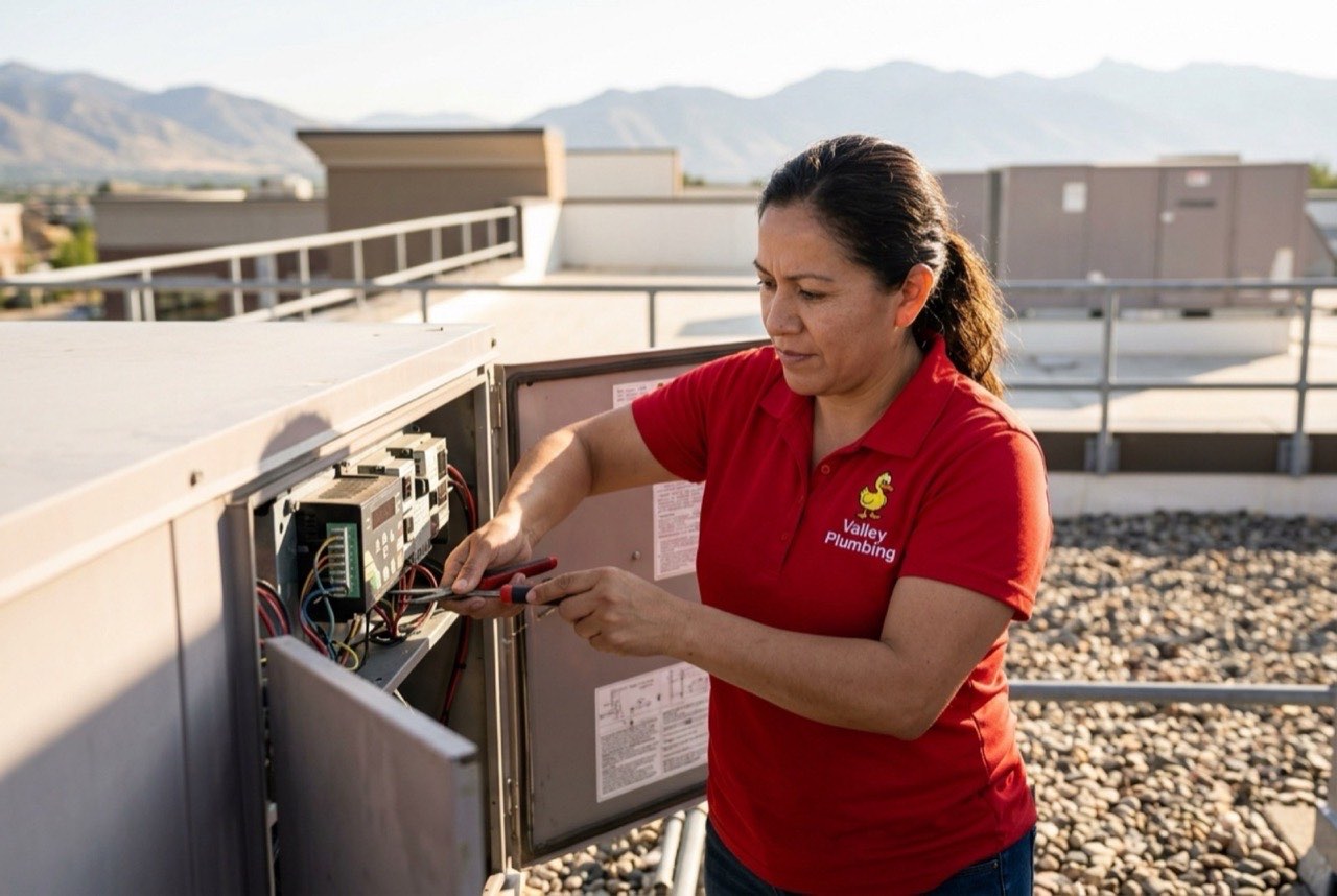 Valley Plumbing commercial HVAC crew servicing a rooftop unit at an Orem business