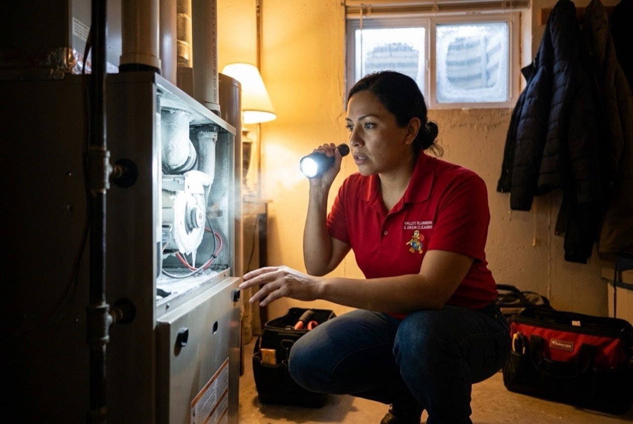 Valley Plumbing HVAC technician diagnosing a furnace during an after-hours emergency call in Orem