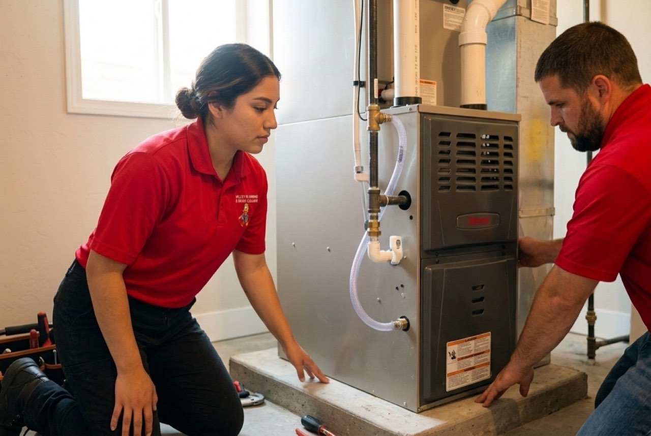 Valley Plumbing technician installing a new high-efficiency furnace in an Orem home