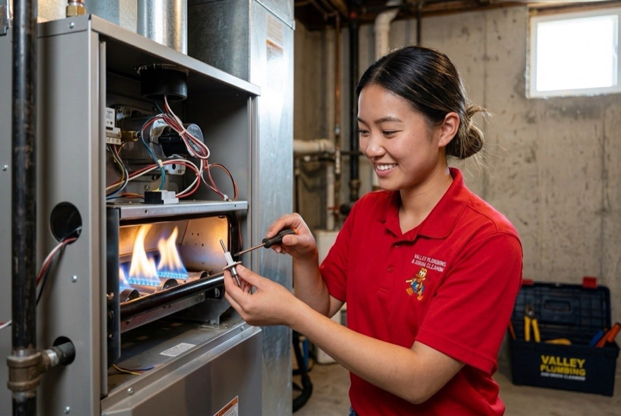 Valley Plumbing HVAC technician replacing a furnace flame sensor in an Orem basement