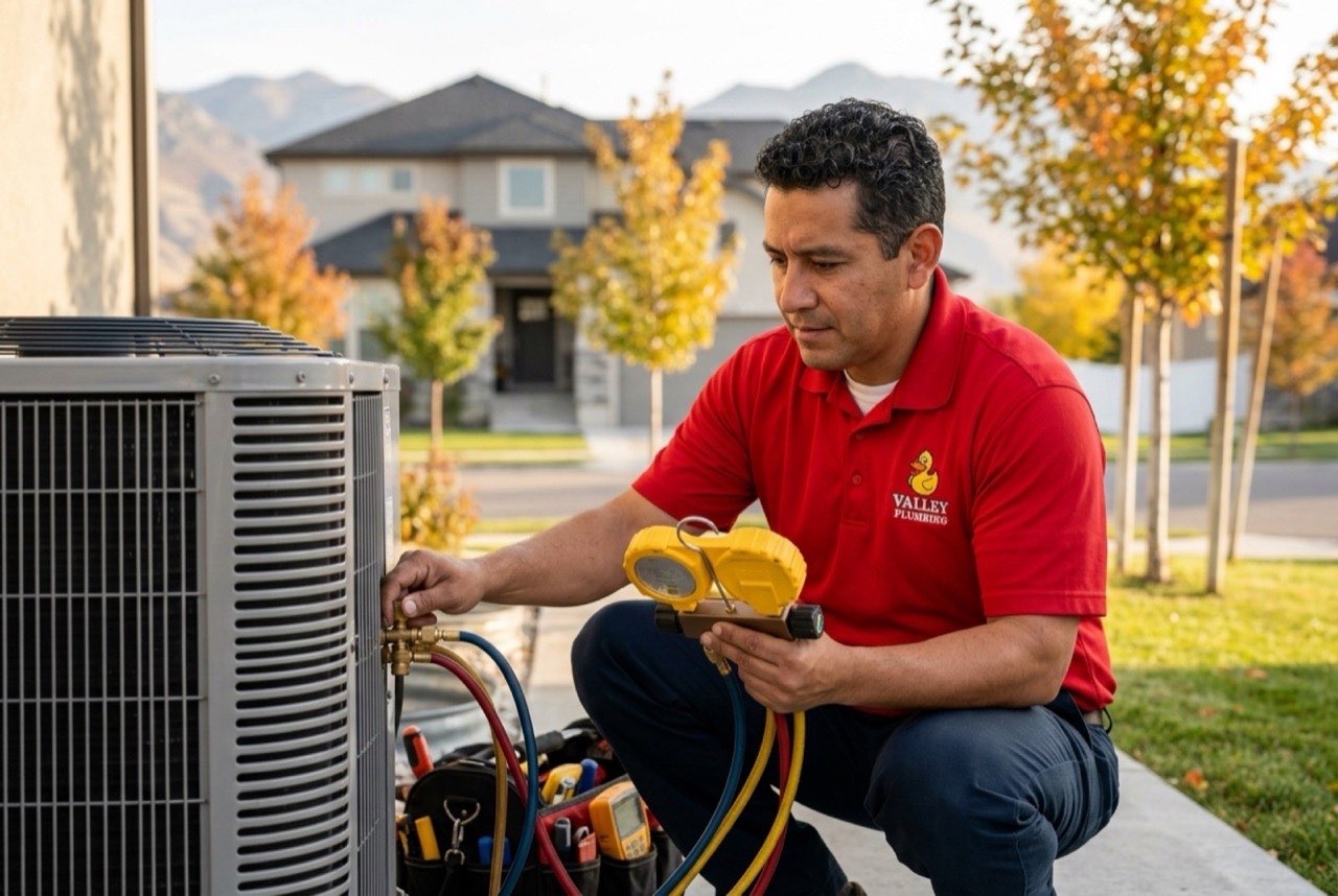 Valley Plumbing installer setting an air-source heat pump outdoor condenser at an Orem home