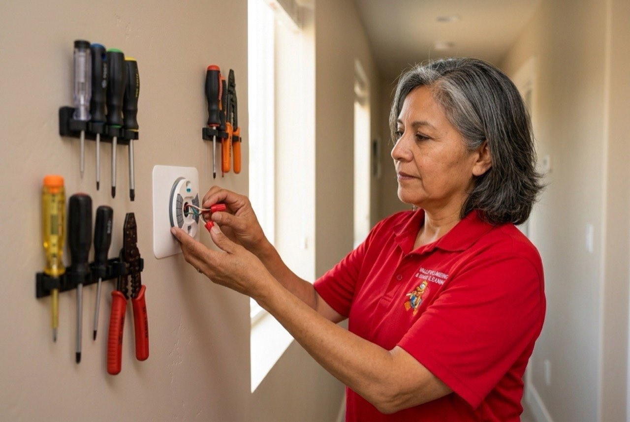 Valley Plumbing technician wiring a new smart thermostat to an Orem home's HVAC control board