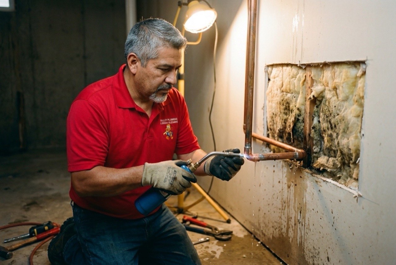Valley Plumbing technician repairing a burst PEX line in a Traverse Mountain Lehi basement