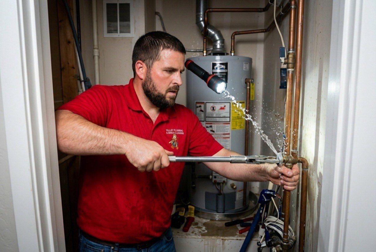 Valley Plumbing technician working on an emergency plumbing call in a Lehi home