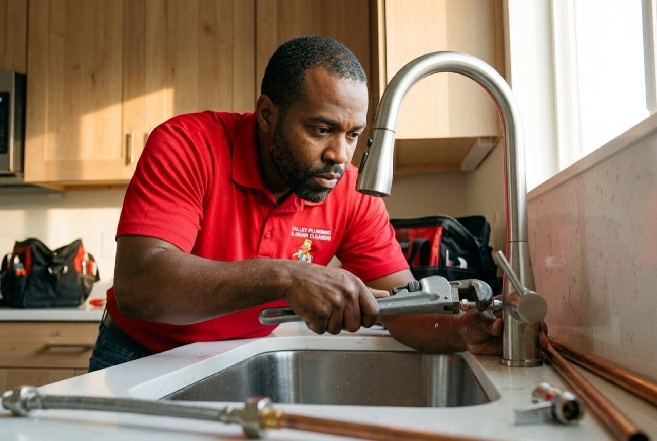 Valley Plumbing technician replacing a kitchen faucet cartridge in a Lehi home