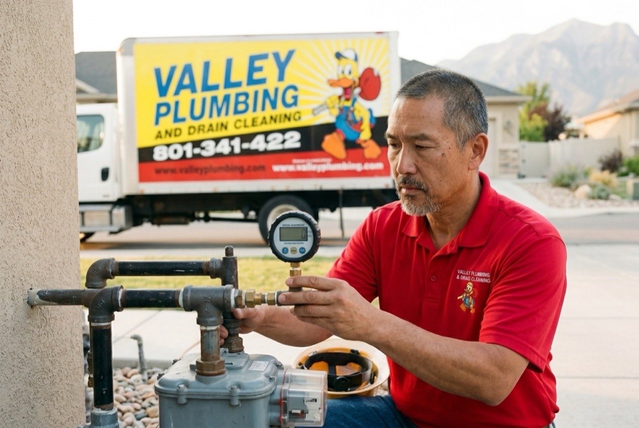 Valley Plumbing gas technician installing a new gas line at a Lehi home