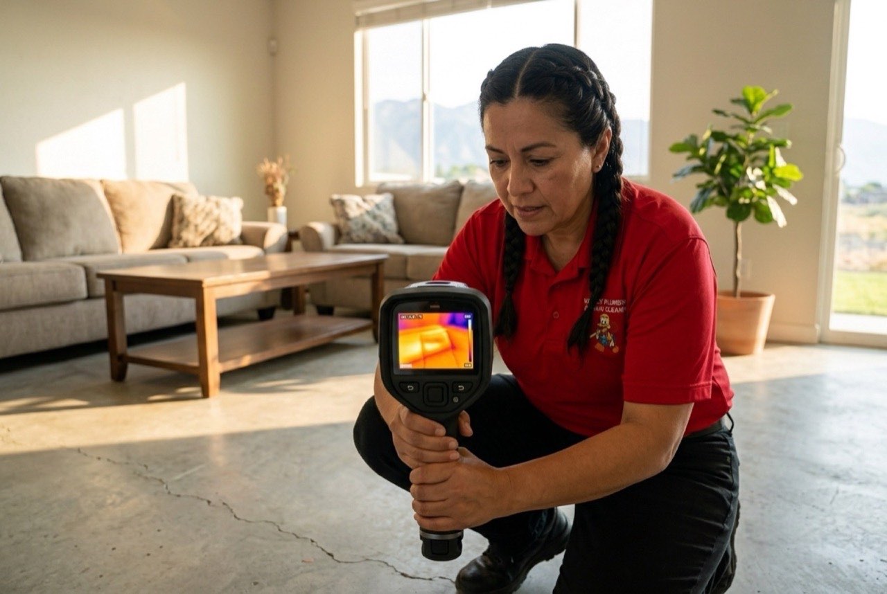 Valley Plumbing technician using thermal imaging to detect a slab leak in a Lehi home