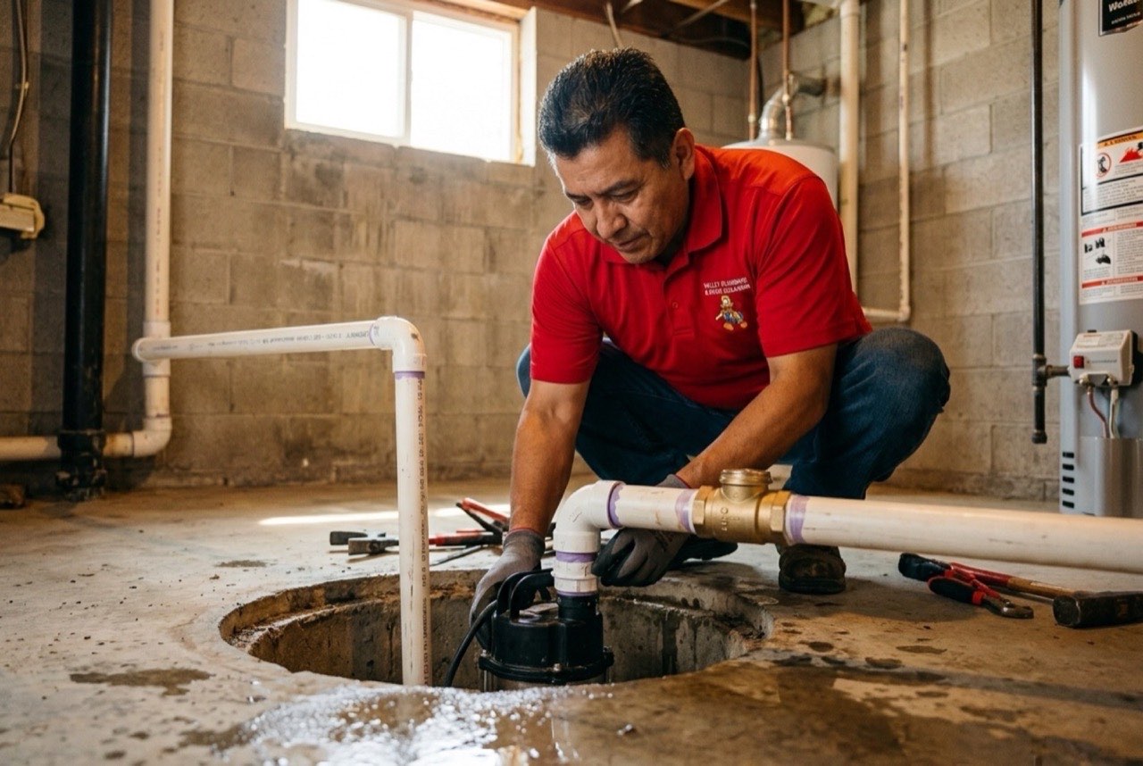 Valley Plumbing technician testing a sump pump in a Lehi basement