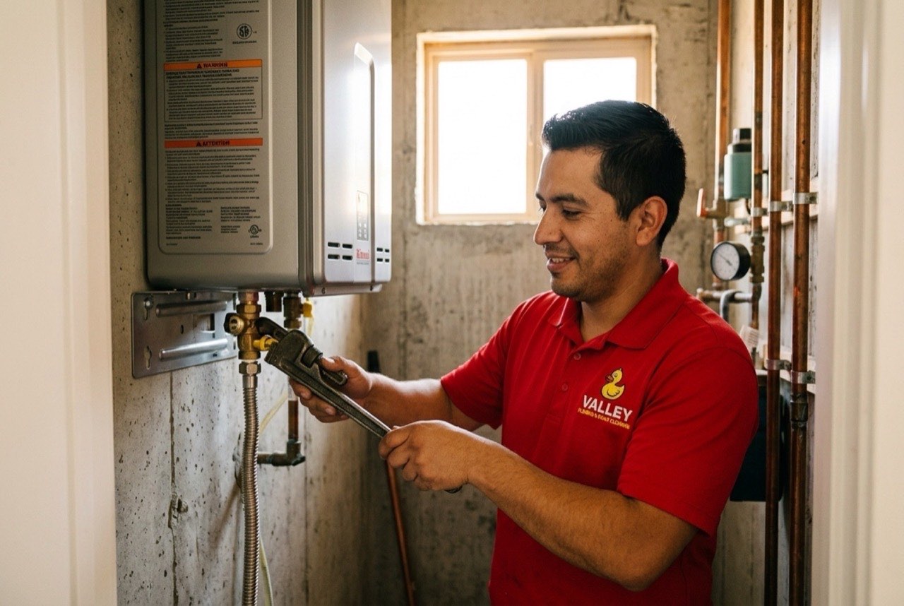 Tankless water heater being mounted to an interior wall in a Traverse Mountain Lehi home