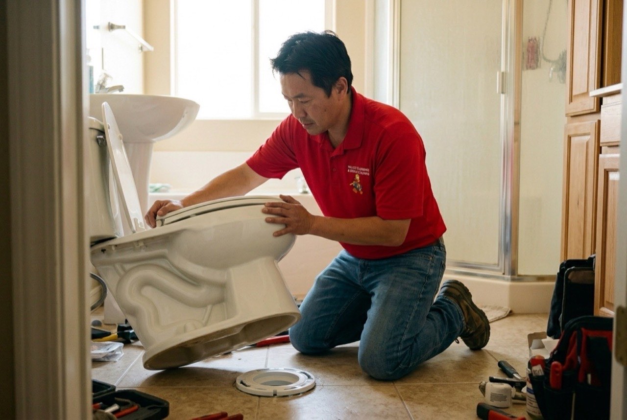 Valley Plumbing technician installing a new toilet flange in a Lehi bathroom