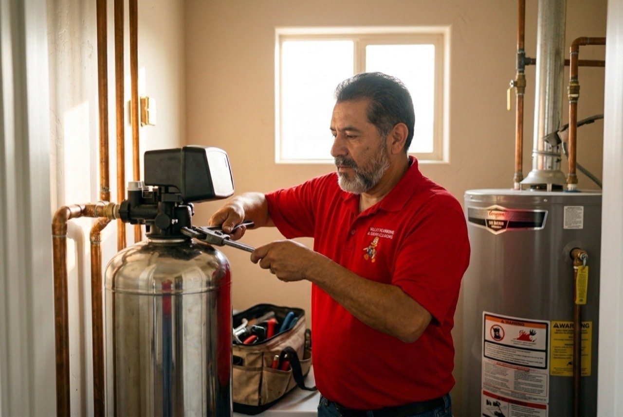 Valley Plumbing technician plumbing in a whole-home filter at a Lehi home