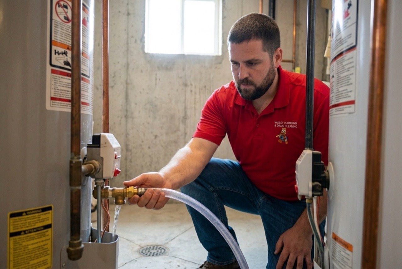Valley Plumbing technician installing a new water heater in a Lehi garage