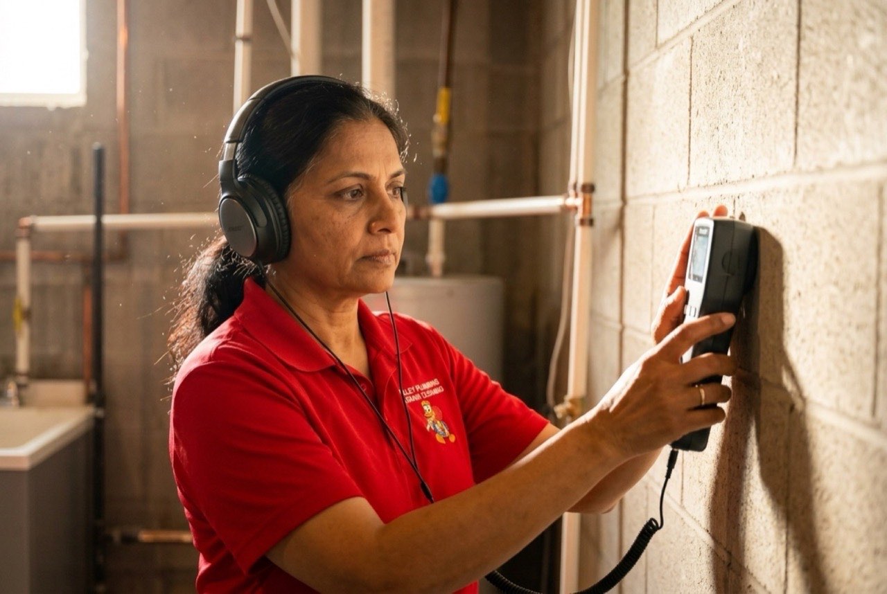 Thermal imaging camera scanning a wall during a Lehi leak detection service
