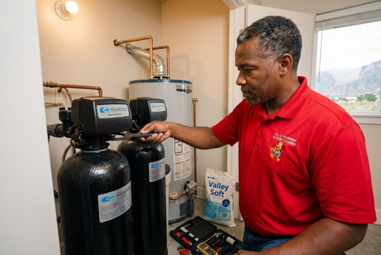Valley Plumbing technician plumbing a water softener into a Lehi garage during install