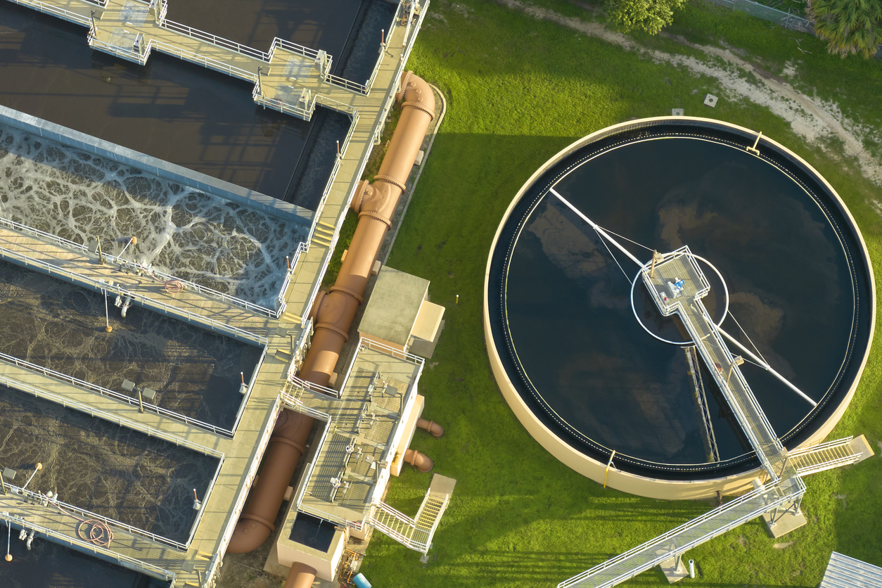 Aerial view of modern water cleaning facility at treatment plant.