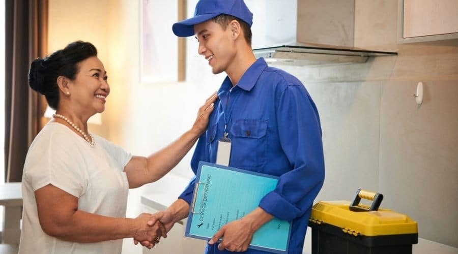 Female resident shaking hands with a plumber