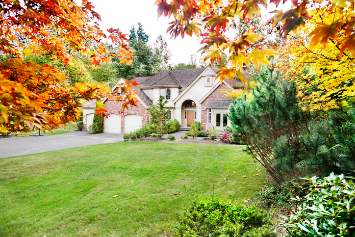 Suburban home. Front yard, fall trees. Plumbing prep.